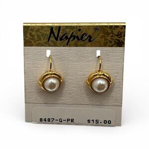 Vintage Napier Gold Tone Faux Pearl Drop Earrings